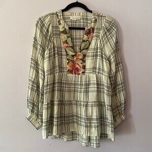 Anthropologie Darlene Plaid Peasant Cream Boho Tunic Floral Top Women size Small